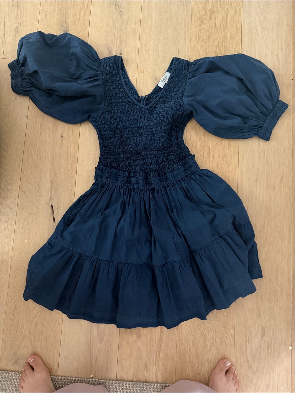 Sea Navy Puff-Sleeve Smocked Dress